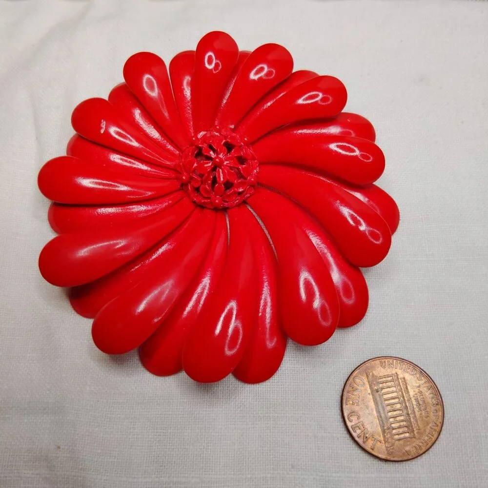 1960s Red Enamel Flower Brooch • Tiered Petals & Filigree Center • 3”